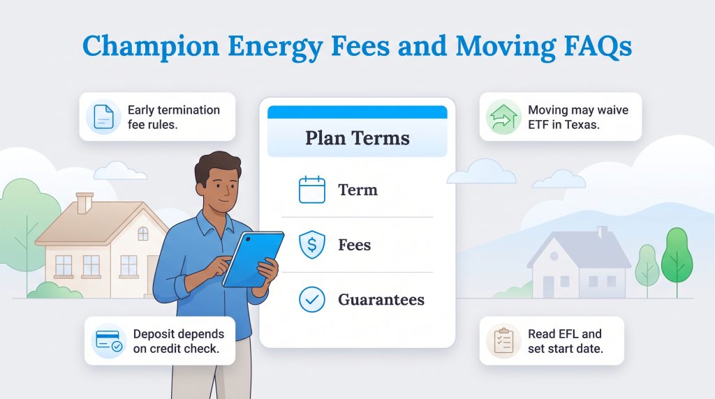 Graphic outlining Champion Energy plan terms, fees, deposits, and moving guidelines