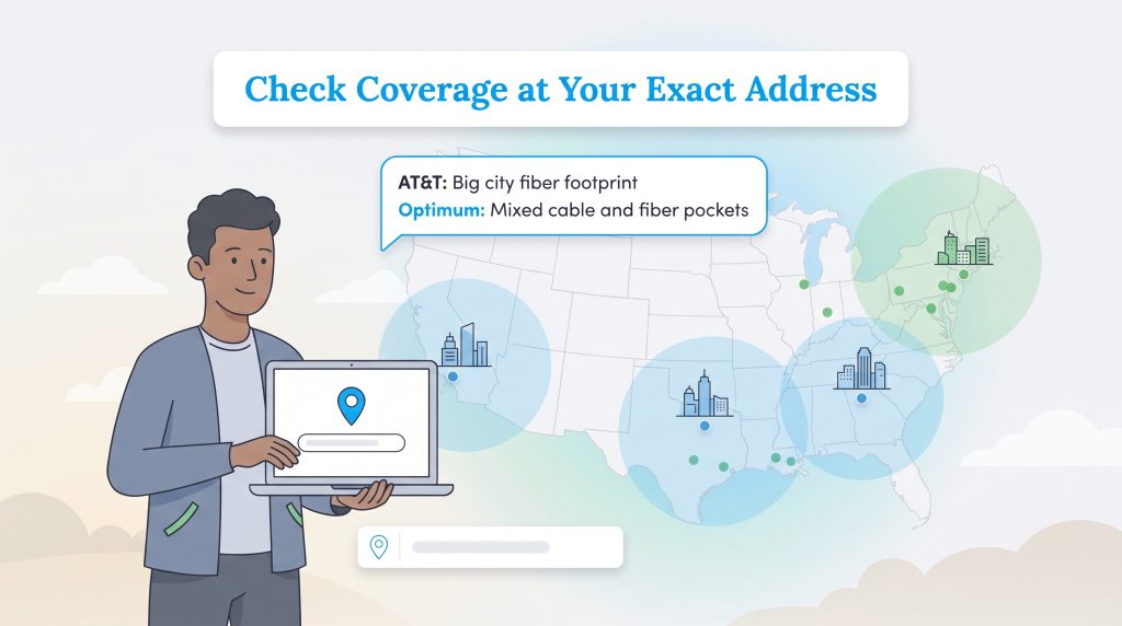 Illustration of a man holding a laptop next to a US map showing AT&T and Optimum coverage areas.
