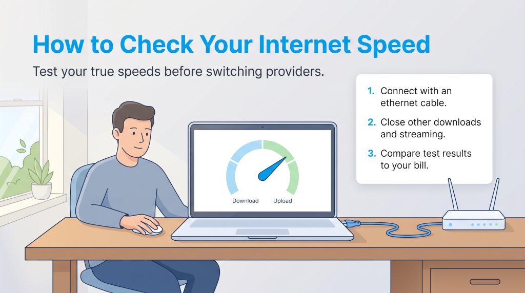 An illustration showing three steps to accurately check your internet speed using a laptop.