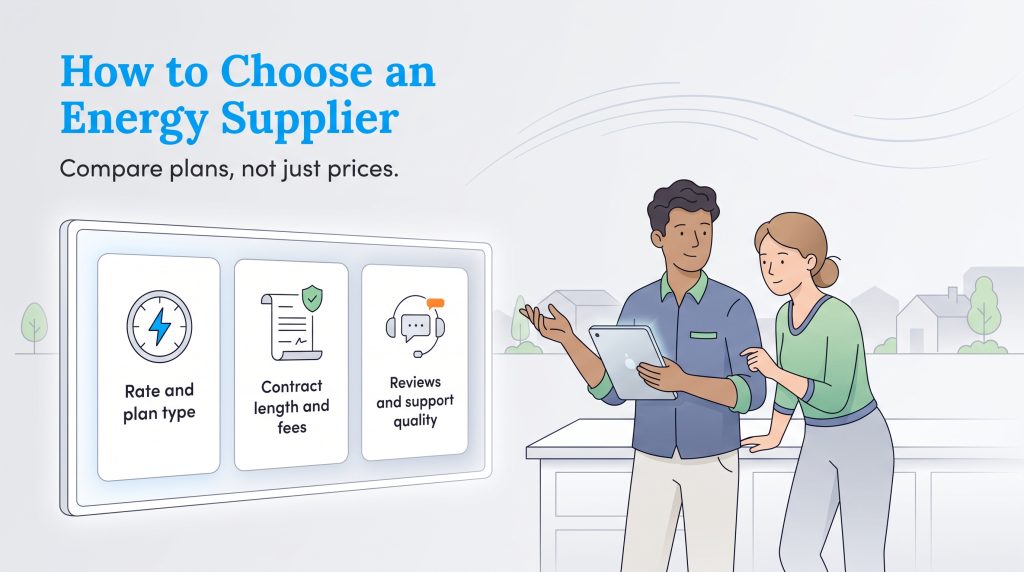 Two people reviewing a guide on how to choose an energy supplier based on rates and reviews