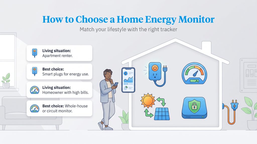 Illustration showing home energy monitor recommendations for apartment renters and homeowners.