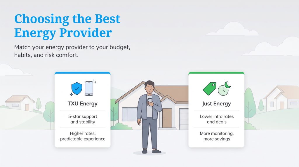 Comparison showing TXU Energy with stable rates and Just Energy with lower intro deals