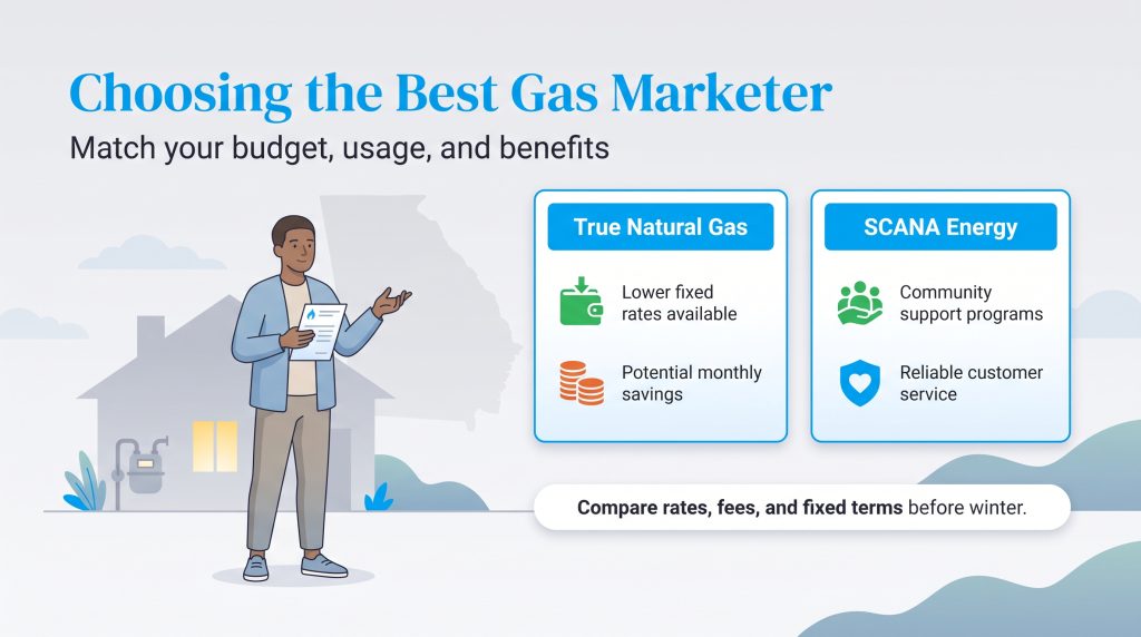 Comparison graphic showing True Natural Gas and SCANA Energy benefits for Georgia homes