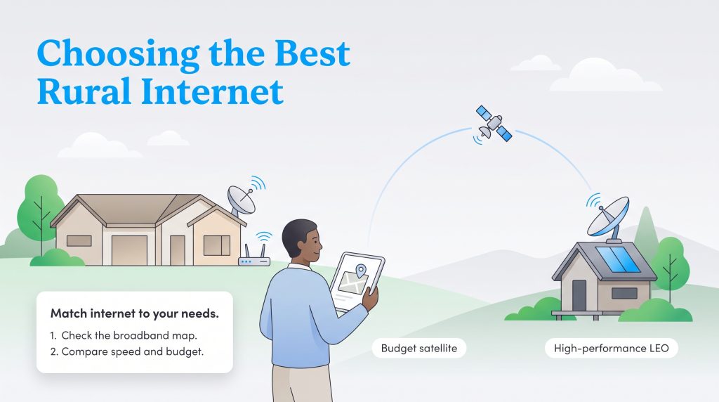 Graphic comparing budget satellite and high-performance LEO internet options for rural homes