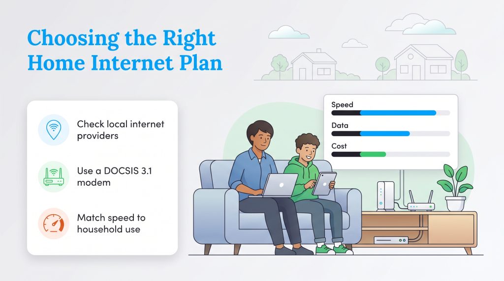 Illustration showing a family online with tips for choosing a home internet plan