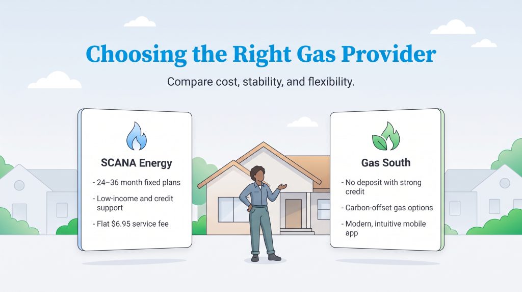 Comparison of SCANA Energy and Gas South natural gas provider features.