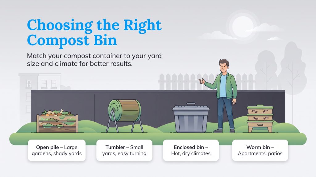 Graphic comparing open pile, tumbler, enclosed, and worm composting options.