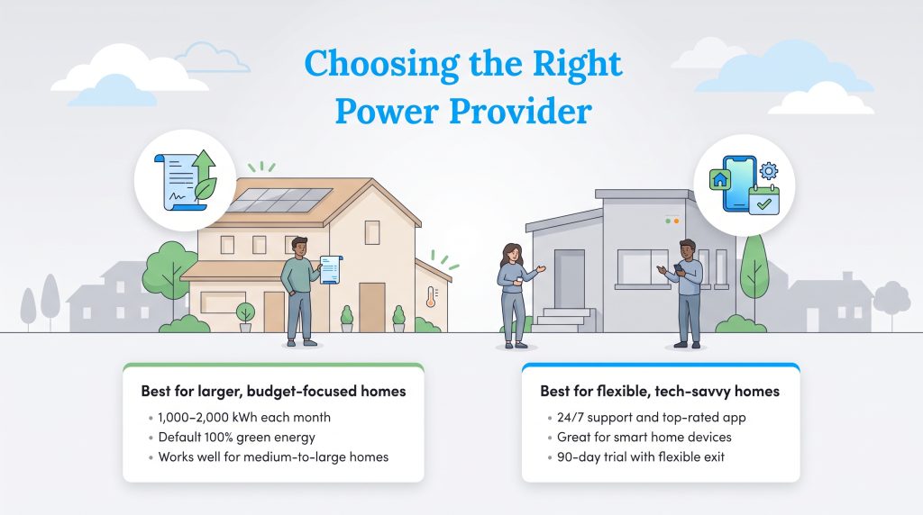 Graphic comparing two energy provider options for budget-focused or tech-savvy homes