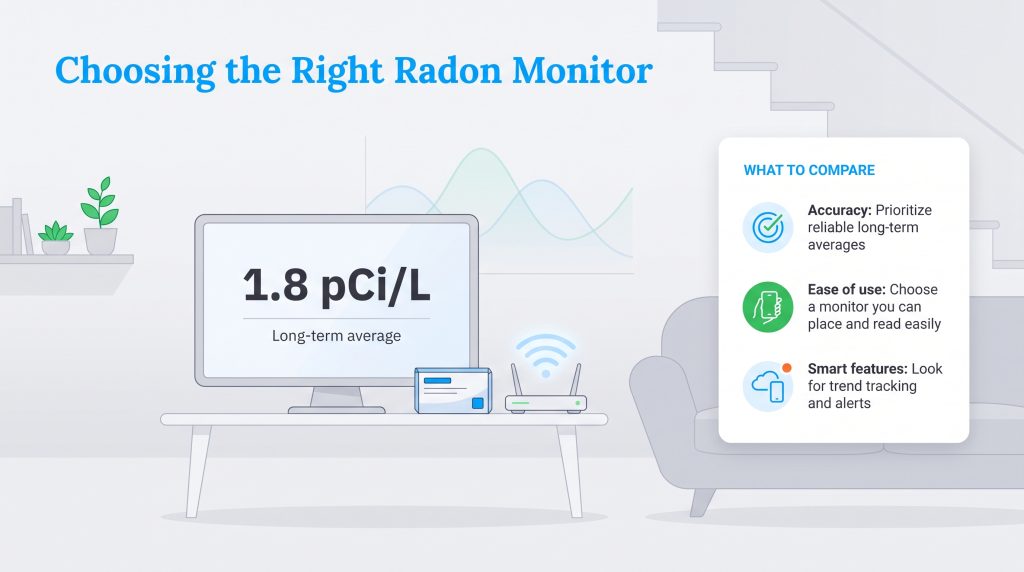 Infographic explaining how to choose a radon monitor based on accuracy and smart features