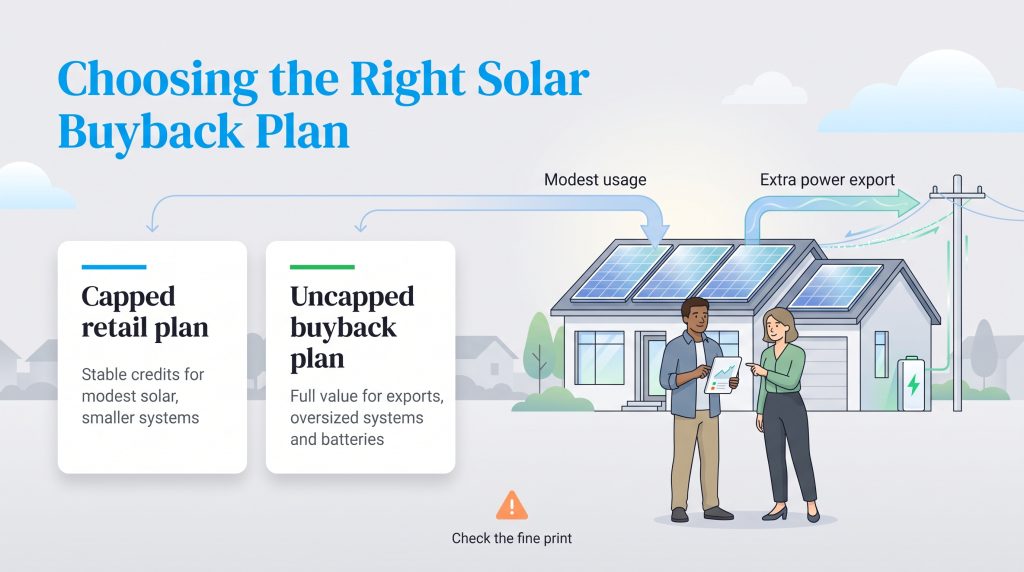 Infographic comparing capped retail plans and uncapped buyback plans for solar power systems