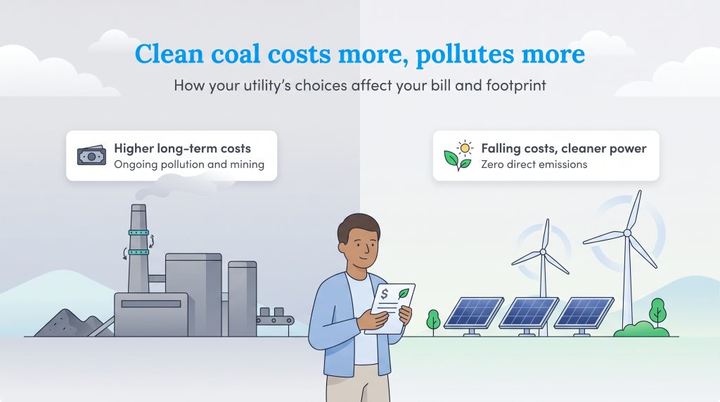 Illustration comparing a coal plant with renewable solar panels and wind turbines