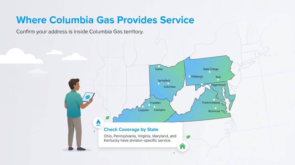 Map of Columbia Gas service areas in Ohio, Pennsylvania, Virginia, Maryland, and Kentucky.