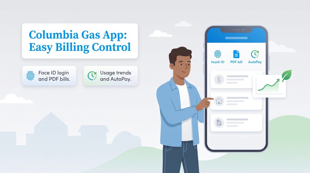 Illustration of a man using the Columbia Gas mobile app with key billing features highlighted.