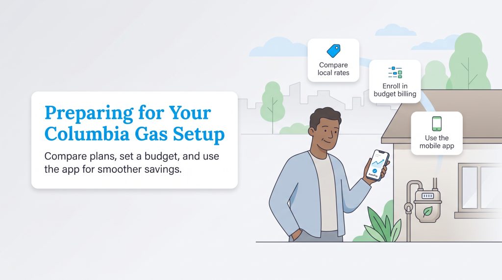 Illustration of a man using a mobile app outside a house to manage Columbia Gas utilities