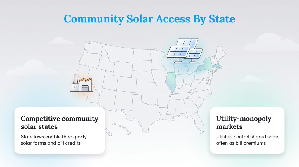 Map of the US showing competitive community solar states versus utility-monopoly markets.