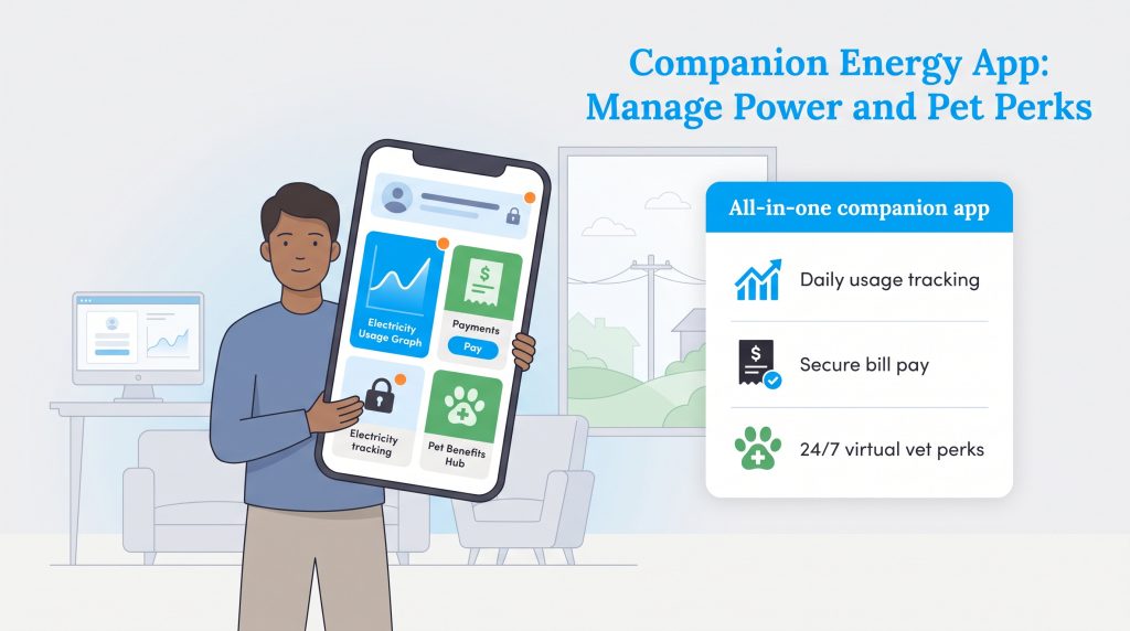 A man holding a phone showing the Companion Energy app with power tracking and pet care perks