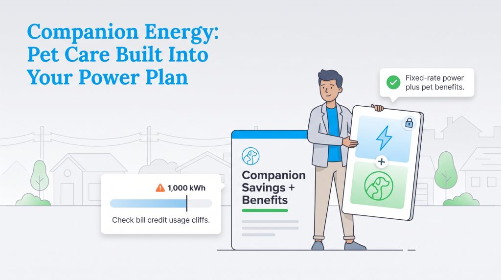 Graphic explaining Companion Energy fixed-rate power plans bundled with pet care benefits.