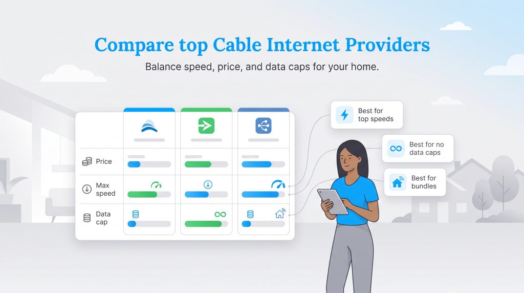 Graphic comparing cable internet providers by price, speed, and data caps.