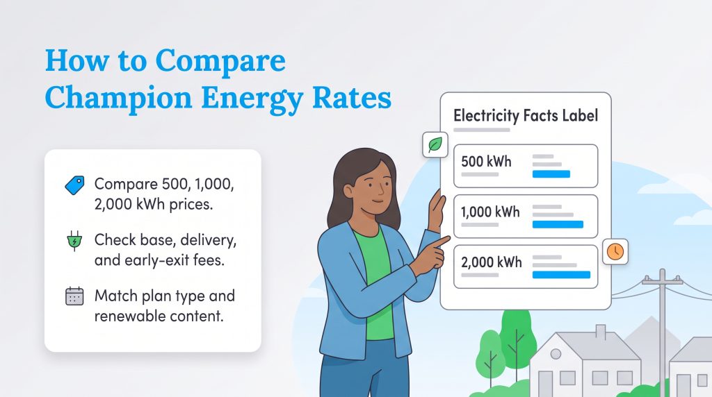 An illustration explaining how to compare energy rates using an Electricity Facts Label.