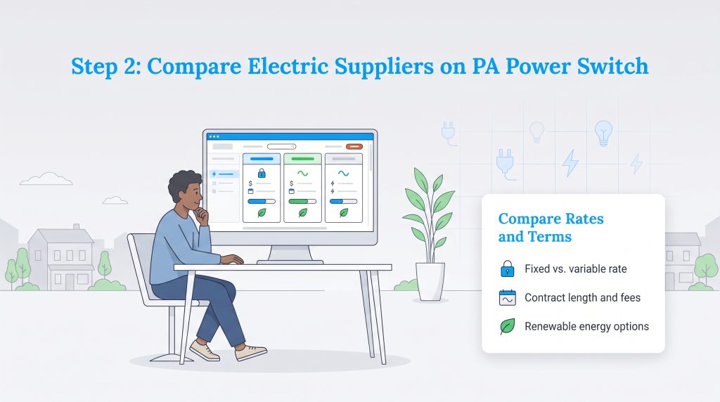 A person compares electricity plans on a computer screen featuring rate and renewable options.