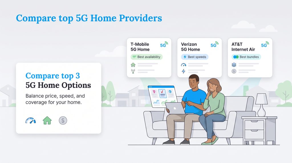Couple on a couch comparing T-Mobile, Verizon, and AT&T 5G home internet options.