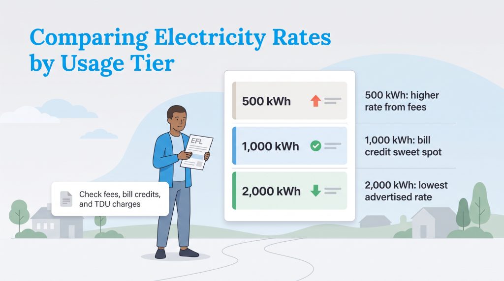 Graphic comparing electricity rates across 500, 1000, and 2000 kWh usage tiers.