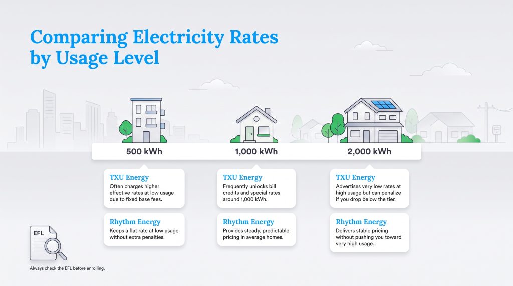 Comparison of TXU and Rhythm energy rates across 500, 1000, and 2000 kWh usage tiers