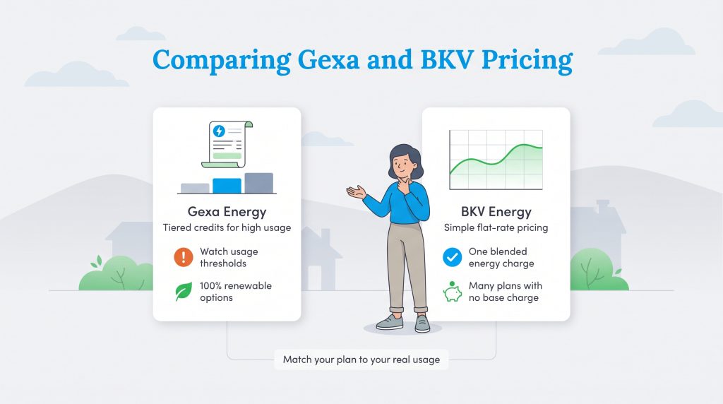 Comparison of Gexa Energy tiered pricing and BKV Energy flat-rate structures
