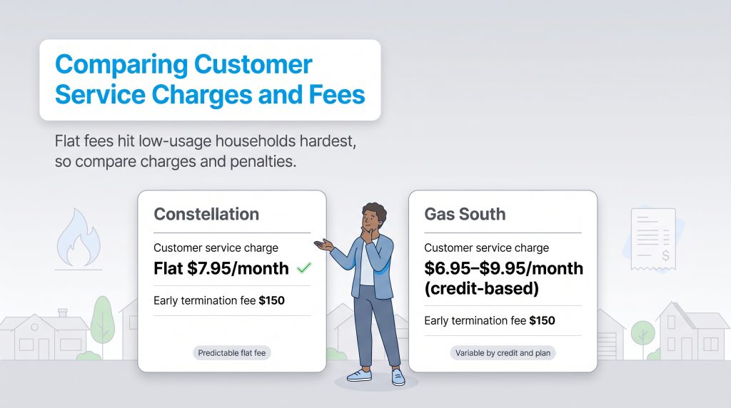 Comparison of customer service charges and termination fees for Constellation and Gas South