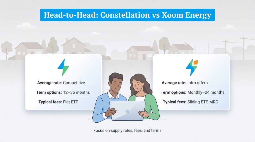 Comparison of rates, terms, and fees between Constellation and Xoom Energy
