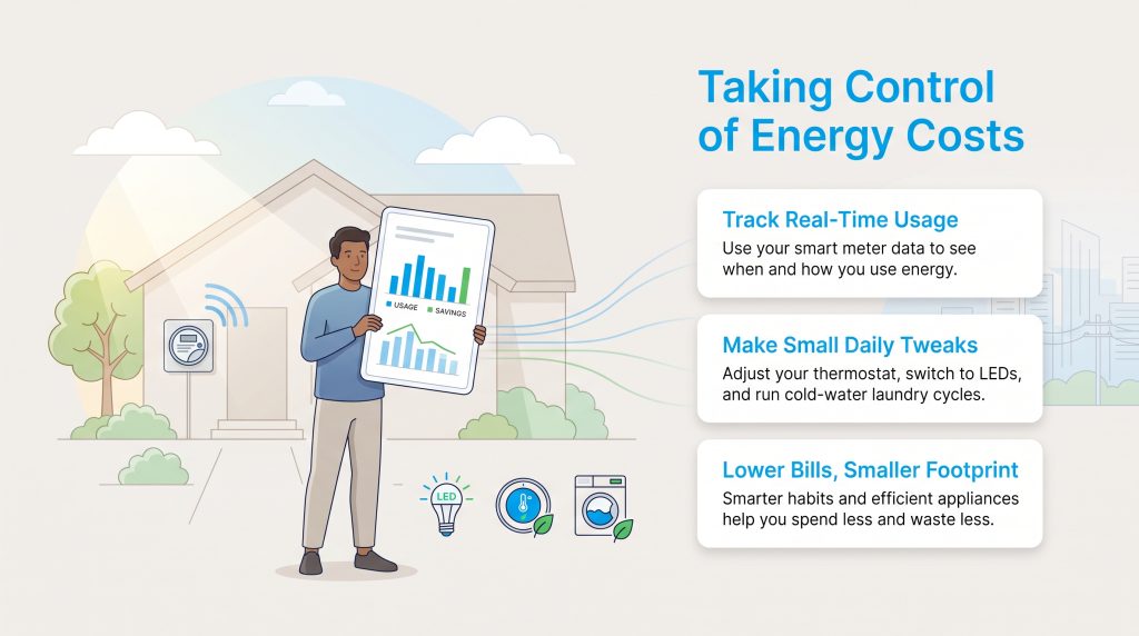 A man tracking household energy use on a tablet next to tips for saving power