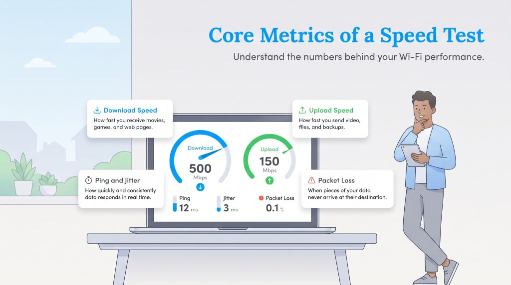 An infographic showing core internet speed test metrics like download, upload, and latency