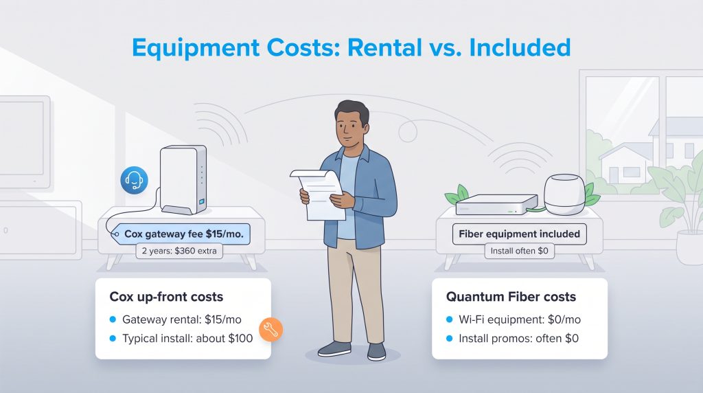 Comparison of equipment and install costs between Cox and Quantum Fiber