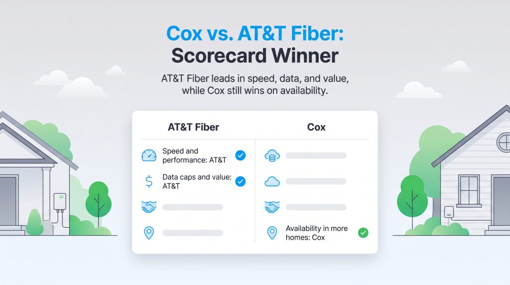 Scorecard showing AT&T Fiber winning in speed and value, and Cox winning in availability.
