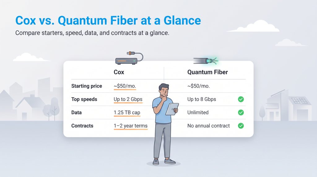 Table comparing Cox and Quantum Fiber price, speeds, data caps, and contracts