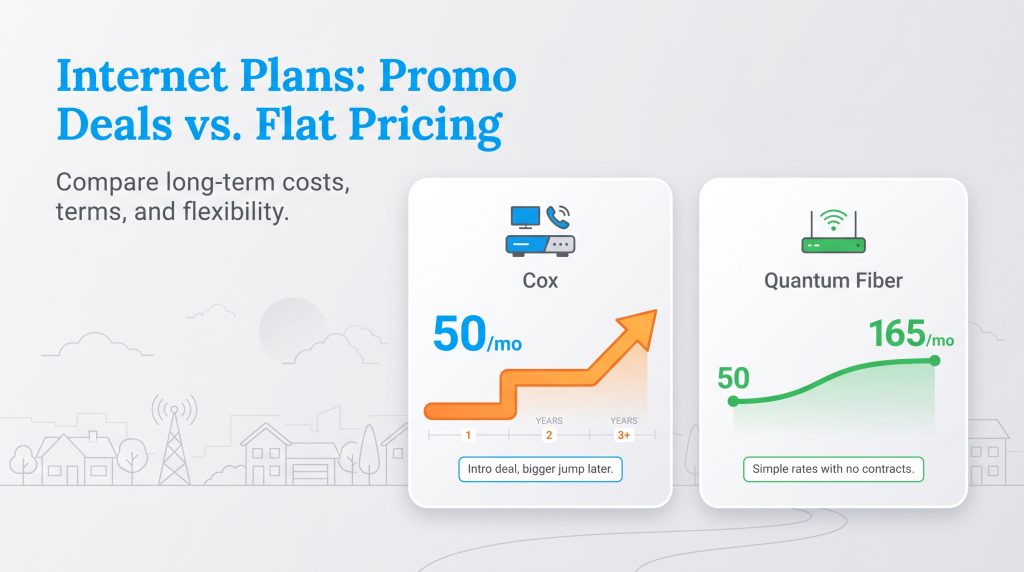 Comparison chart showing Cox promo price increases versus Quantum Fiber flat-rate plans