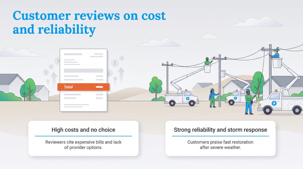 Illustration comparing customer complaints on utility costs with praise for storm reliability.