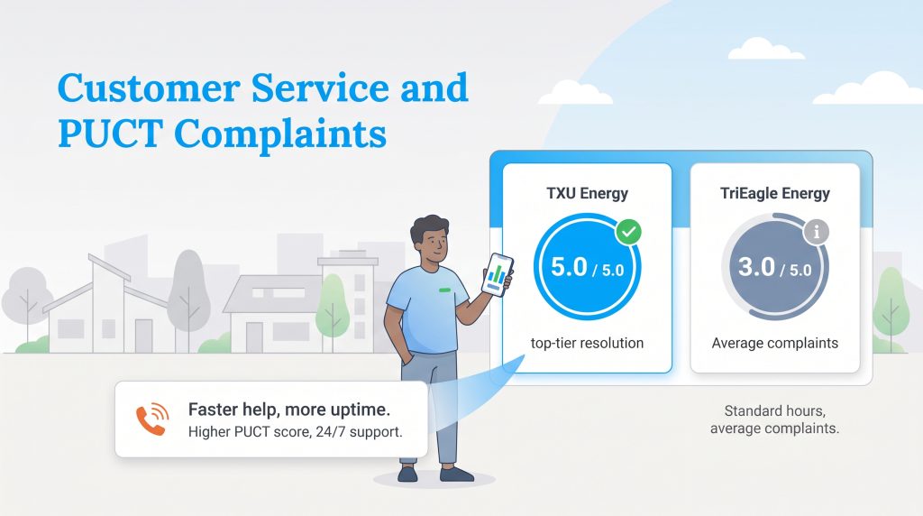 Comparison showing TXU Energy with a 5.0 out of 5.0 PUCT score and TriEagle Energy with 3.0.