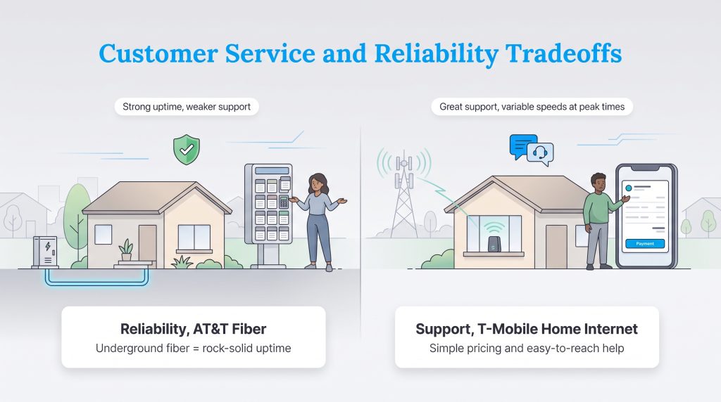 Comparison of AT&T Fiber uptime reliability and T-Mobile Home Internet customer support