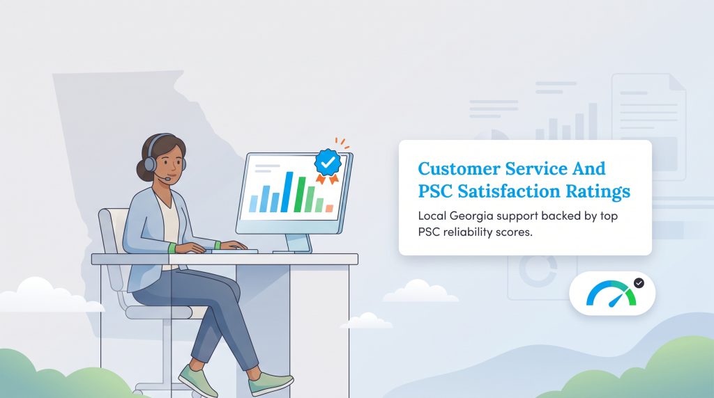 Customer service representative at a desk with charts showing high satisfaction ratings