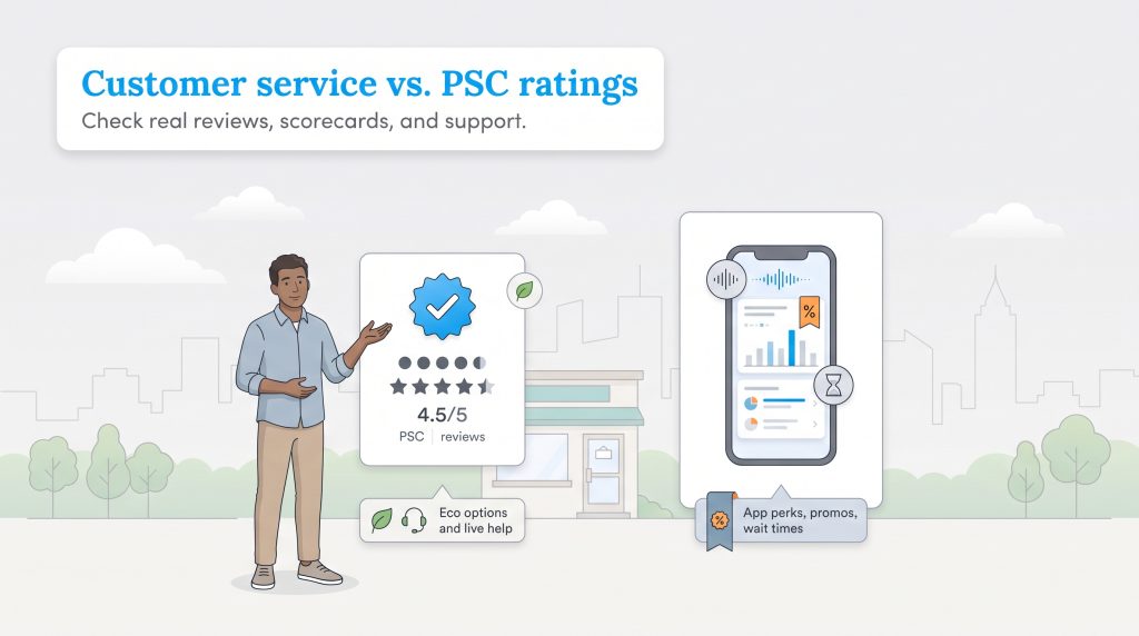 Graphic comparing natural gas customer service ratings and app features for provider selection