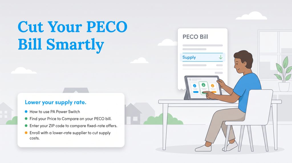 An illustration of a person comparing energy rates on a tablet to lower their PECO bill
