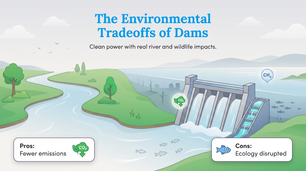 Diagram of a river dam showing the pros of lower emissions and cons of disrupted ecology