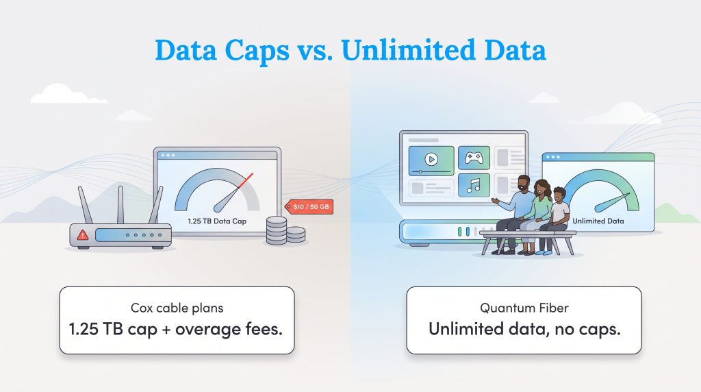 Comparison of Cox data caps with fees versus Quantum Fiber unlimited data
