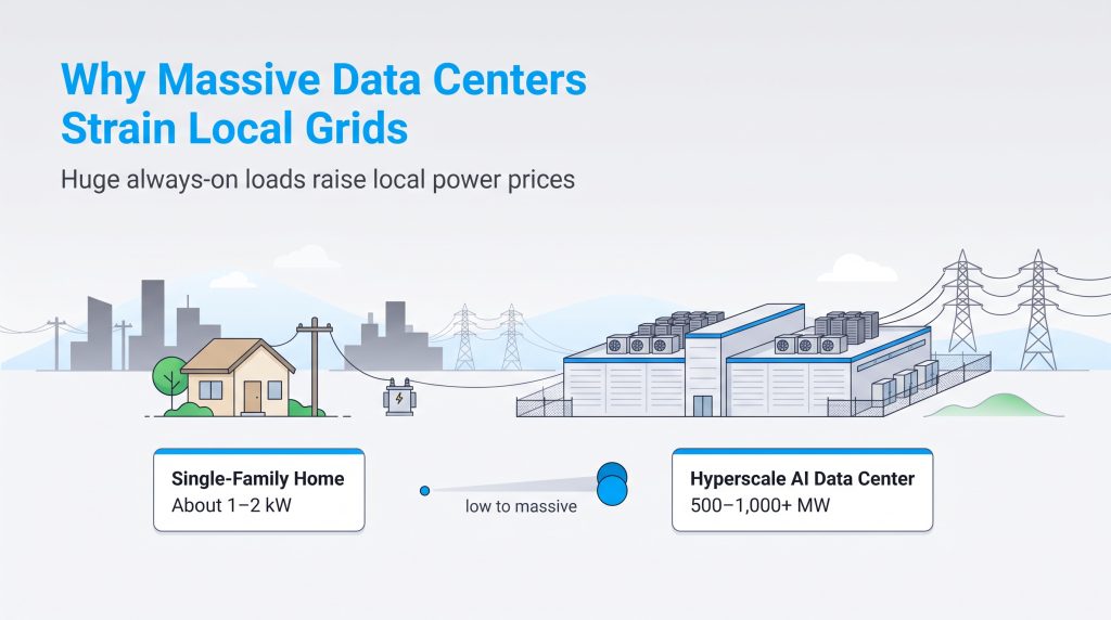 Graphic comparing the electricity needs of a single-family home to a hyperscale AI data center.