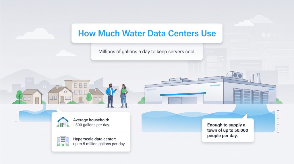 Illustration comparing the daily water usage of households with hyperscale data centers