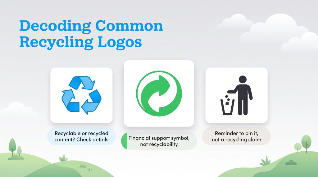 Three common waste disposal symbols explained: Mobius loop, Green Dot, and Tidyman logos.