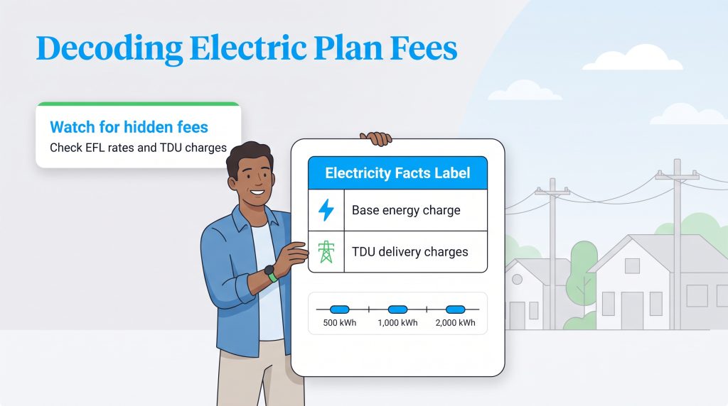 Man holding an Electricity Facts Label highlighting base energy and TDU delivery charges