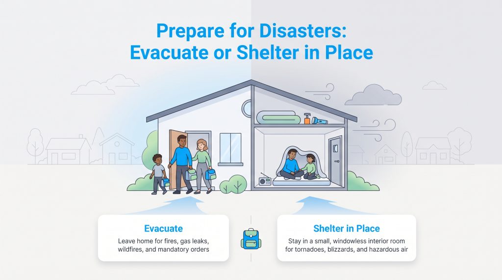An illustration comparing evacuation and sheltering-in-place procedures for home safety.