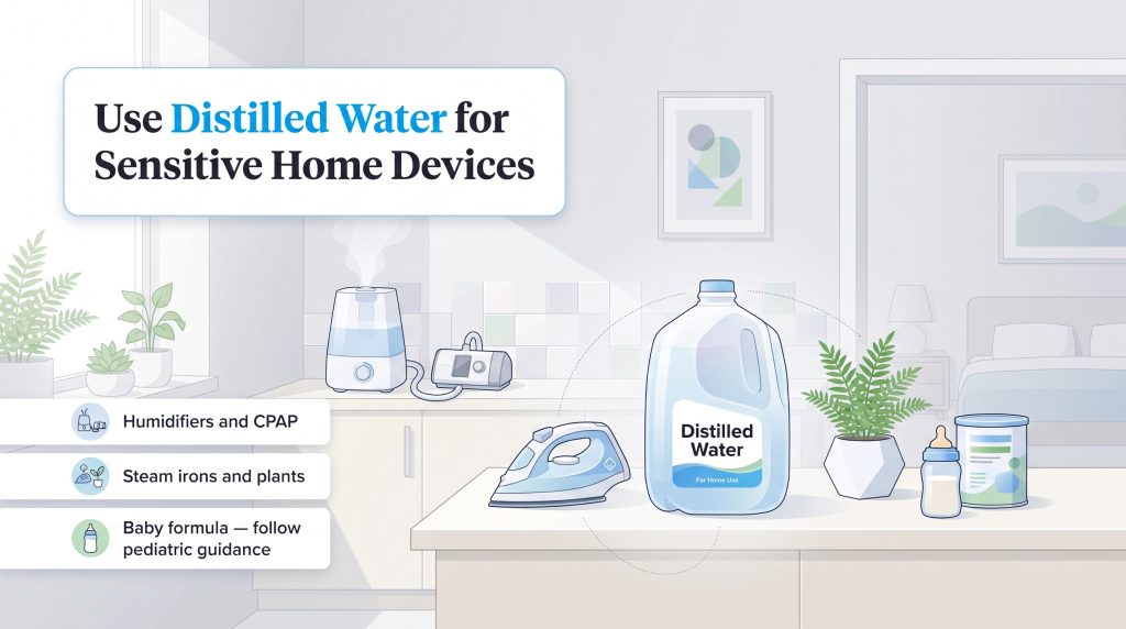 Illustration showing home uses for distilled water like humidifiers, irons, plants, and formula